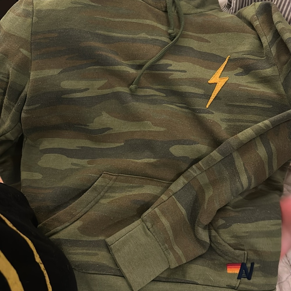 Aviator Nation Olive Green Camo Hoodie with Yellow Lightning Bolt